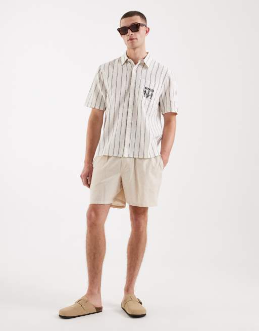 Hollister linen blend short sleeve shirt with chest graphic in white stripes, 2 of 5