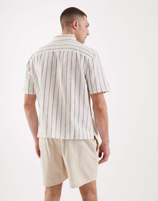 Hollister linen blend short sleeve shirt with chest graphic in white stripes, 3 of 5