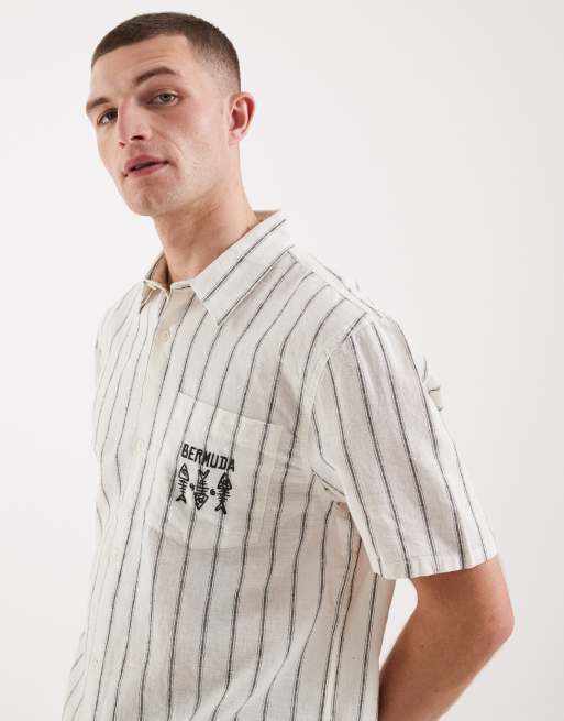 Hollister linen blend short sleeve shirt with chest graphic in white stripes, 4 of 5