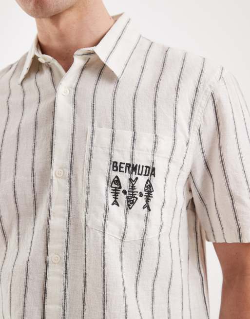 Hollister linen blend short sleeve shirt with chest graphic in white stripes, 5 of 5