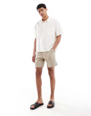 linen mix above the knee shorts in biscuit-Neutral