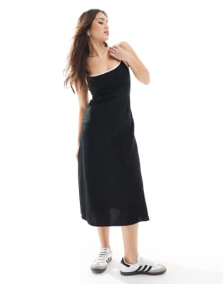 hollister linen mix midaxi slip dress with contrast binding in black