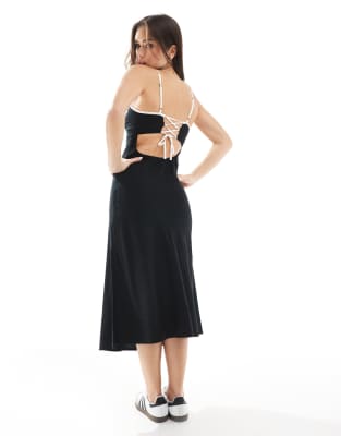 Hollister Linen Mix Midaxi Slip Dress With Contrast Binding In Black