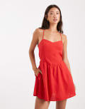 [Hollister] Hollister linen rich spaghetti strap drop waist mini dress in red XL RED