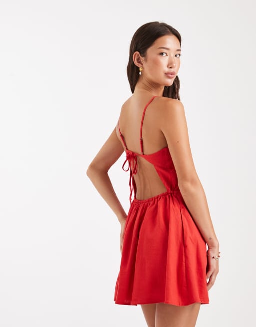 Hollister linen rich spaghetti strap drop waist mini dress in red, 3 of 4
