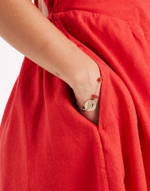 Hollister linen rich spaghetti strap drop waist mini dress in red, 4 of 4