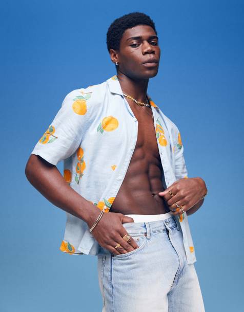 Hollister orange printed linen short sleeve shirt in multi