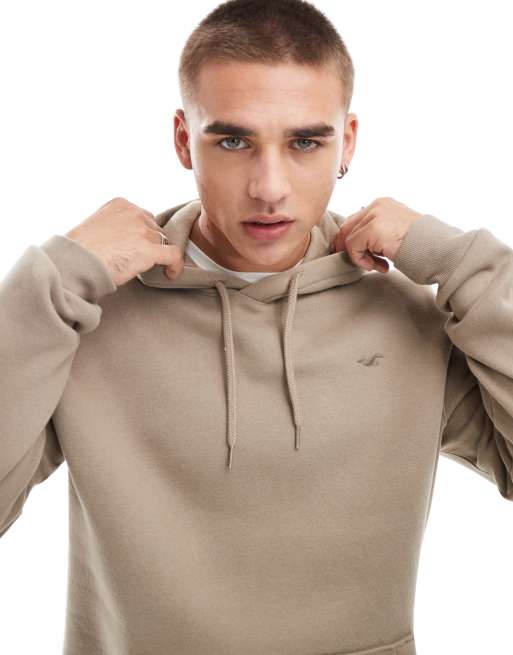 Hollister Locker geschnittener Kapuzenpullover in Hellbraun mit Markenlogo