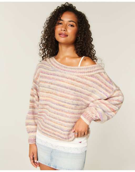 Hollister Lofty off-the-shoulder sweater in light heather brown, 1 of 3