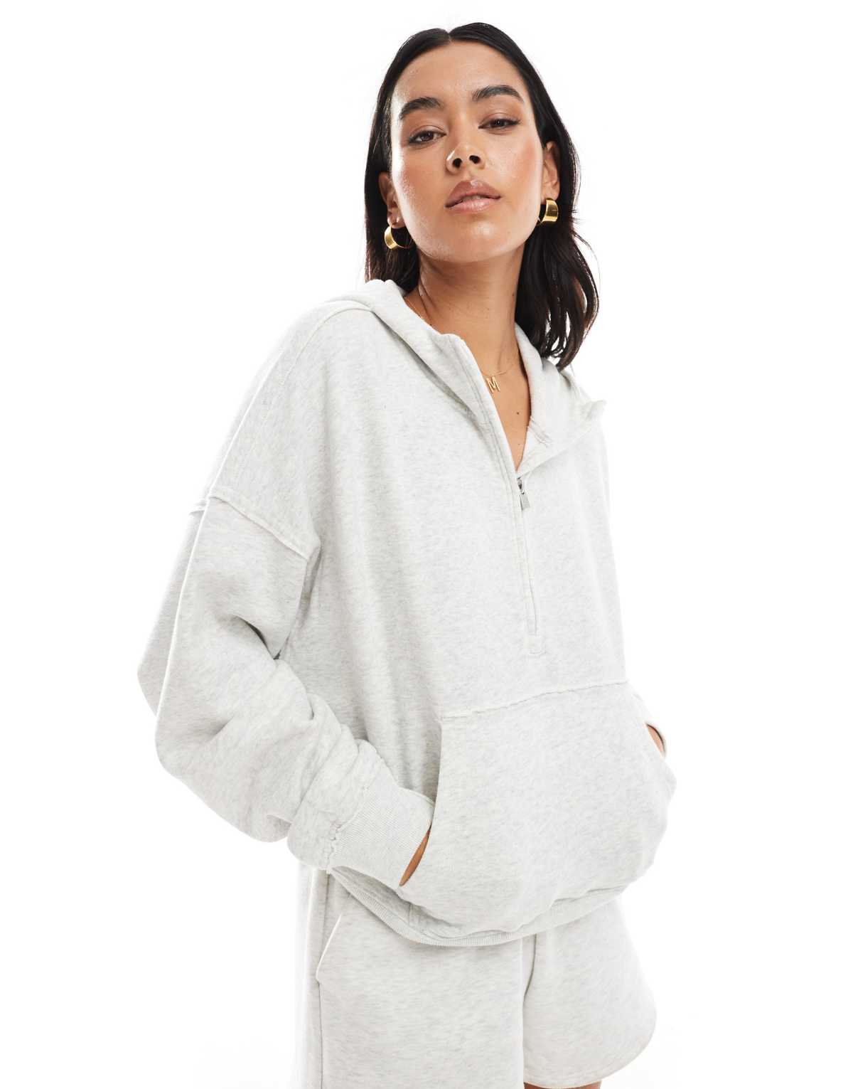 Hollister logo dad zip detail hoodie in grey marl
