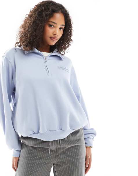 Hollister logo detail quarter zip sweat top in blue - view 1