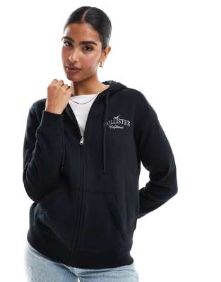 Hollister logo detail zip through hoodie in black