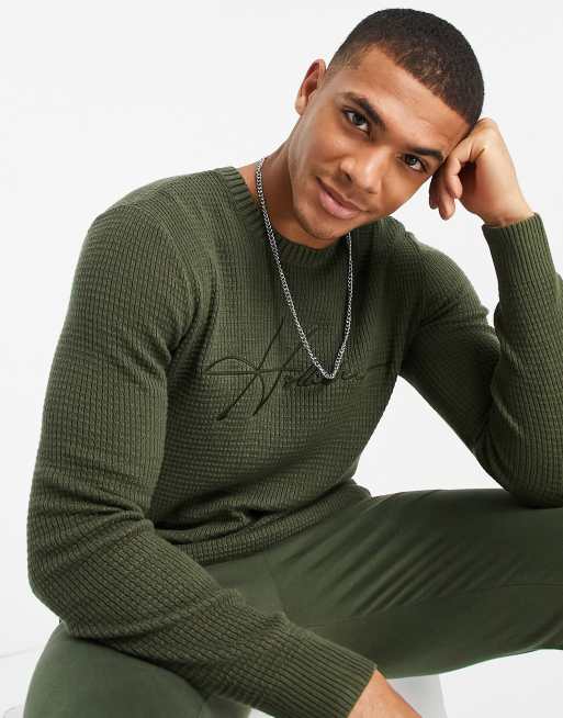 Hollister logo front lightweight texture knit jumper in olive green