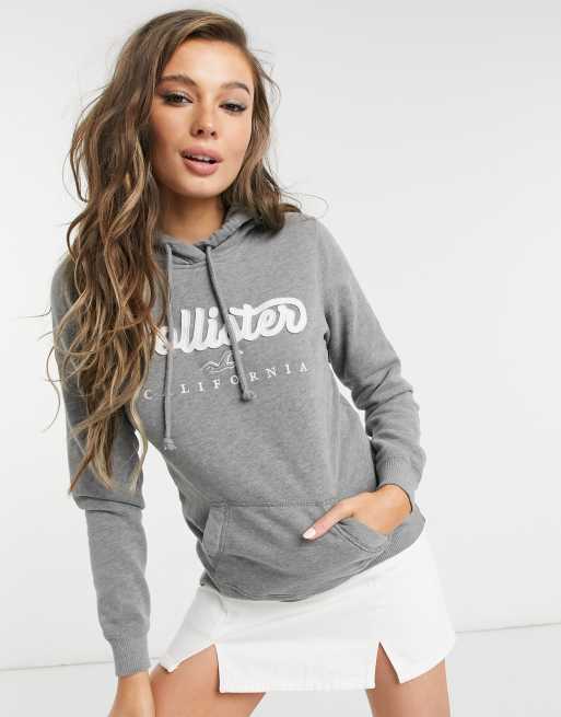 Hollister regular fit hoodie in grey with chest logo and sleeve taping  exclusive to ASOS, ASOS