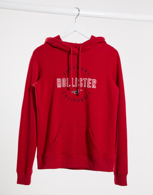 Hollister Overhead Hoodie With Sleeve & Back Logo in Rhubarb, ASOS