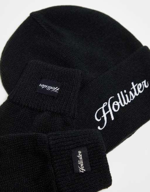 Hollister logo knit beanie glove set in black ASOS