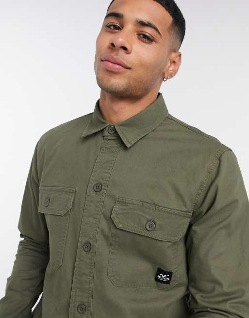 Hollister logo long sleeve overshirt in olive green