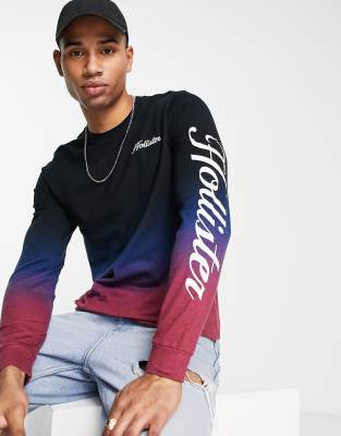 Hollister Hollister logo ombre long sleeve top in black/blue/pink