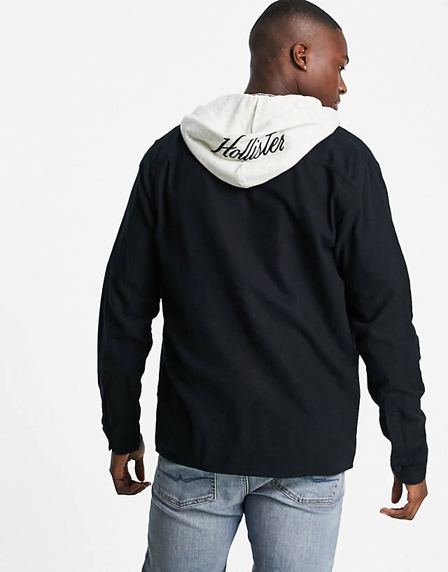 Hollister - logo sweat hood rayon twill overshirt in black