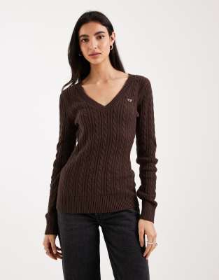 Hollister Logo V Neck Cable Knit Sweater In Brown