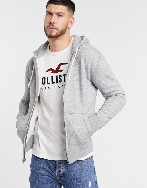 Hollister logo zip through hoodie in grey slub