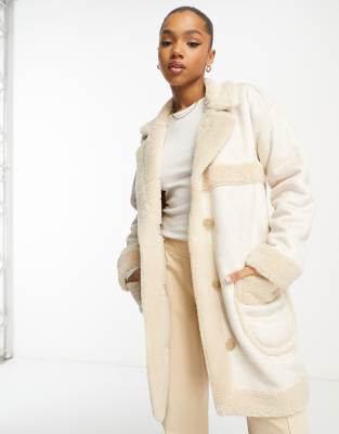 Hollister long faux shearling coat in cream-White