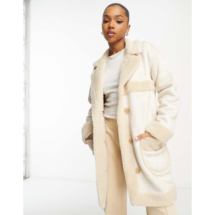 Hollister long faux shearling coat in cream