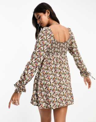 long sleeve 70s mini dress Custom 70s Mini Dress, Blue Cotton A-Line, Bell Sleeves