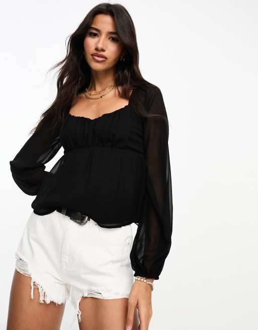 Hollister long sleeve babydoll blouse in black | ASOS