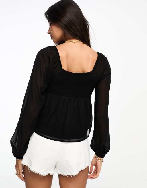 Hollister long sleeve babydoll blouse in black , 2 of 4