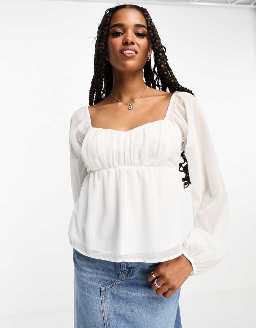 Hollister long sleeve babydoll blouse in white