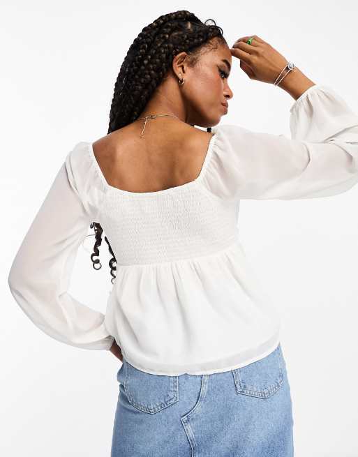 Hollister long sleeve babydoll blouse in white