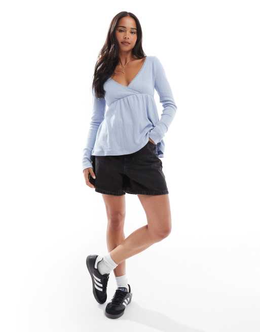 Hollister long sleeve babydoll pointelle i top in blue, 3 of 4
