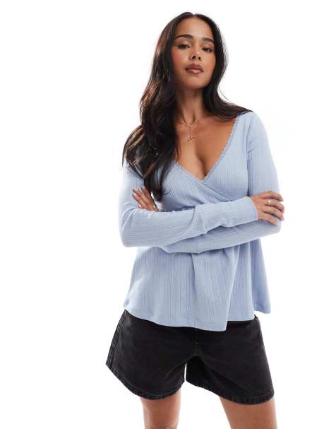 Hollister long sleeve babydoll pointelle top in blue - view 1