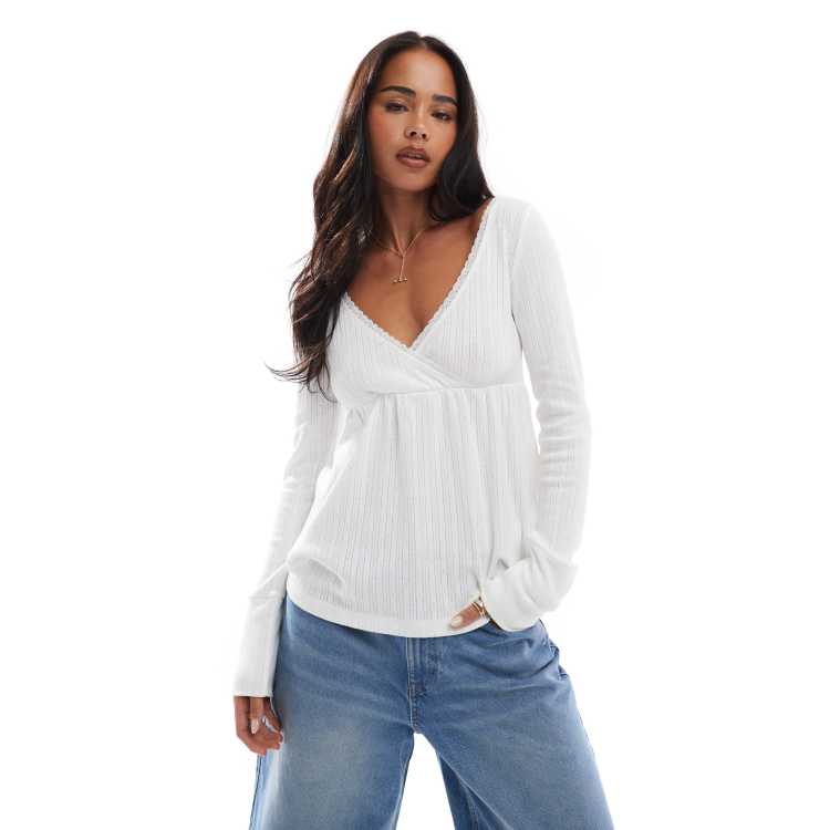 Hollister long sleeve babydoll pointelle top in whited | ASOS
