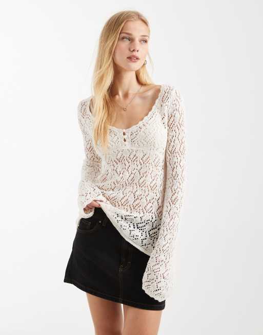 Hollister long sleeve boho babydoll top in cream