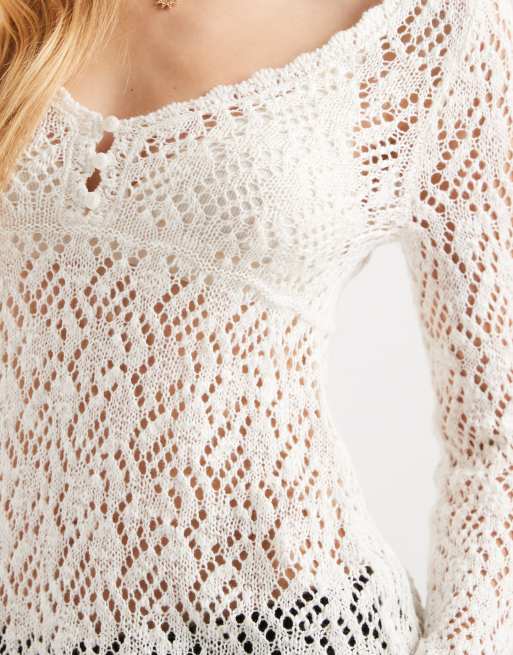 Hollister long sleeve boho babydoll top in cream, 3 of 4
