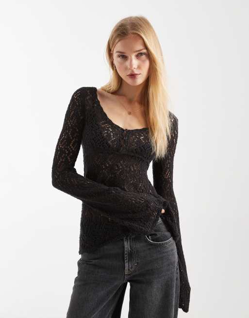 Hollister long sleeve boho babydoll top in dark gray