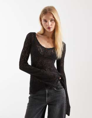 Hollister long sleeve boho babydoll top in dark grey