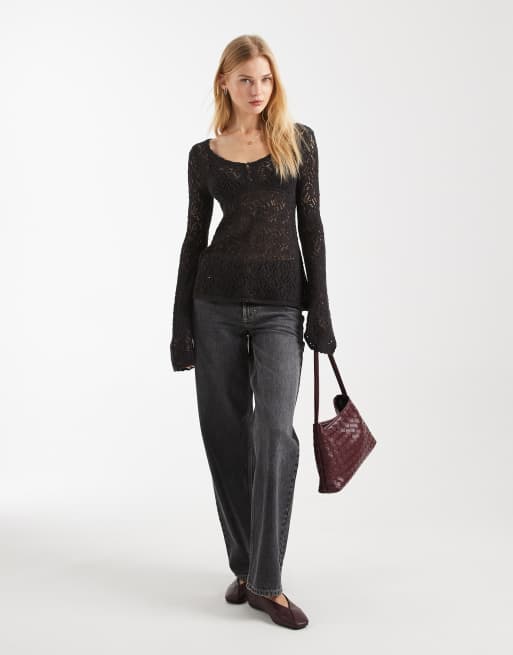 Hollister long sleeve boho babydoll top in dark grey, 4 of 4