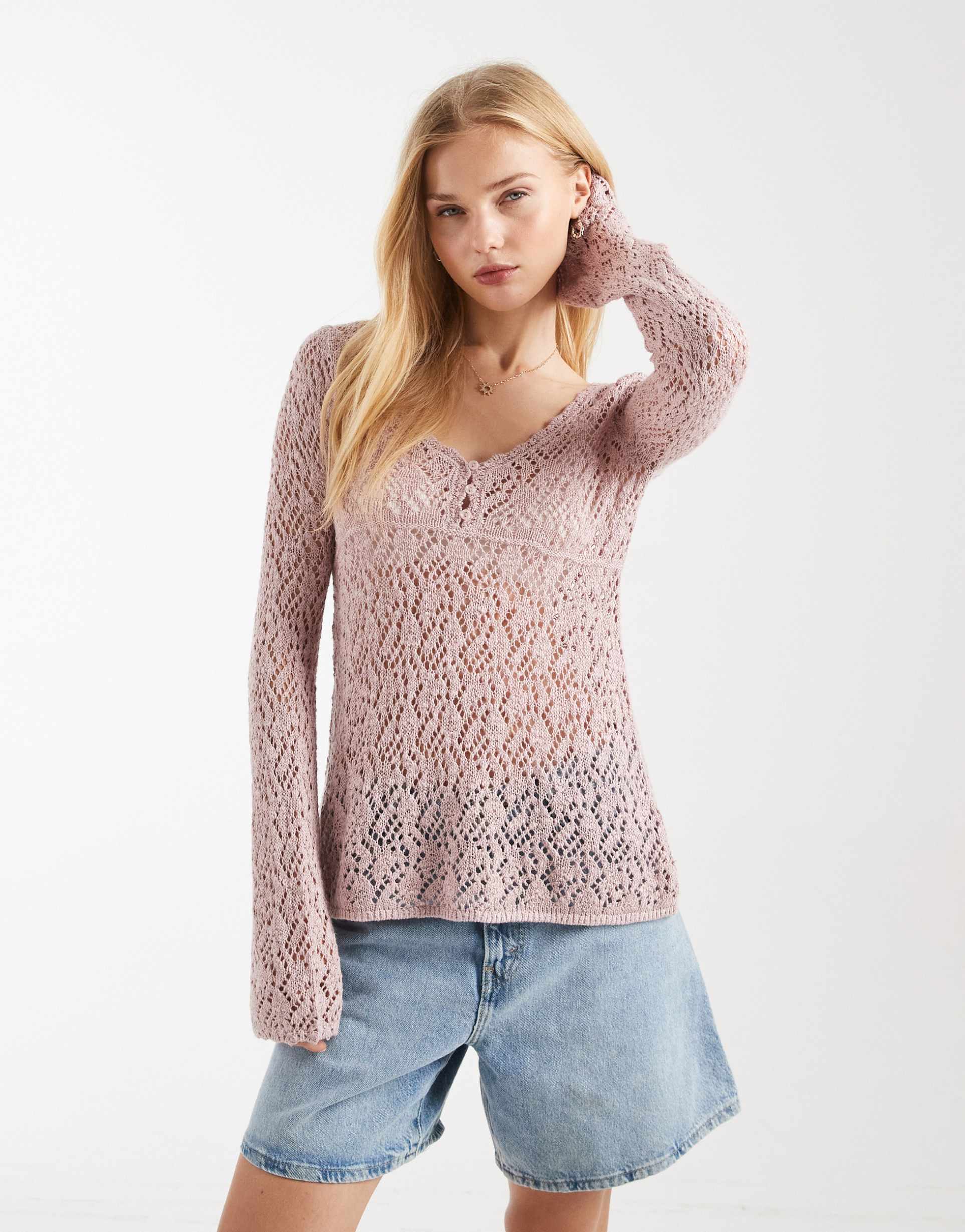 hollister long sleeve boho babydoll top in dusky pink