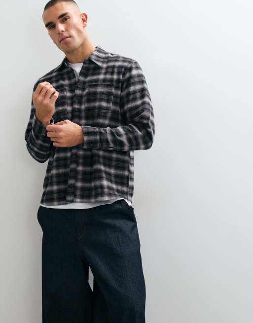 Hollister long sleeve brushed flanned shirt in black plaid, 1 of 5