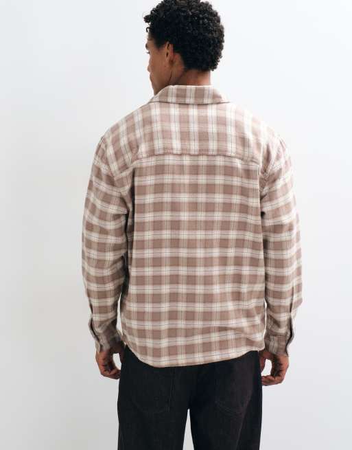 Hollister long sleeve brushed flanned shirt in cream plaid, 3 of 5
