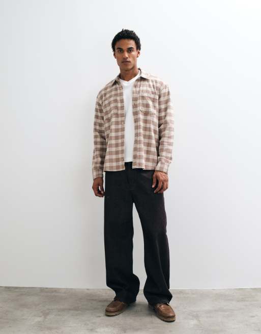 Hollister long sleeve brushed flanned shirt in cream plaid, 4 of 5