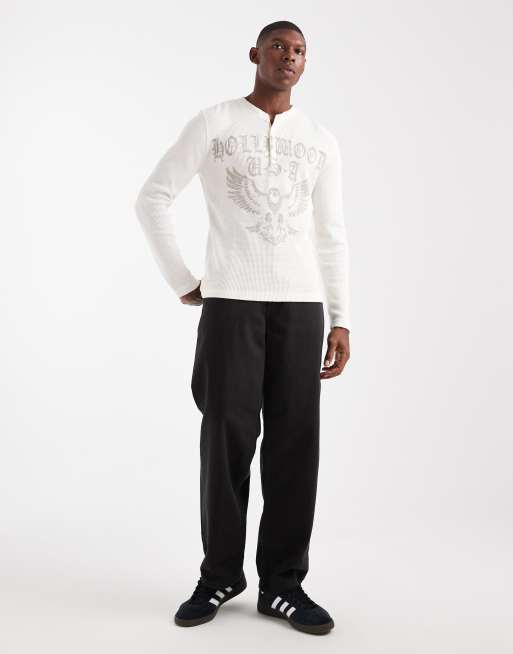 Hollister long sleeve button detail graphic T-shirt in white, 2 of 5