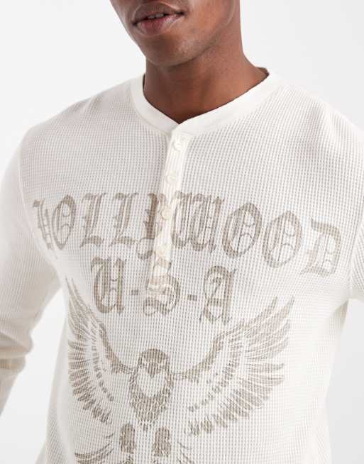 Hollister long sleeve button detail graphic T-shirt in white, 5 of 5