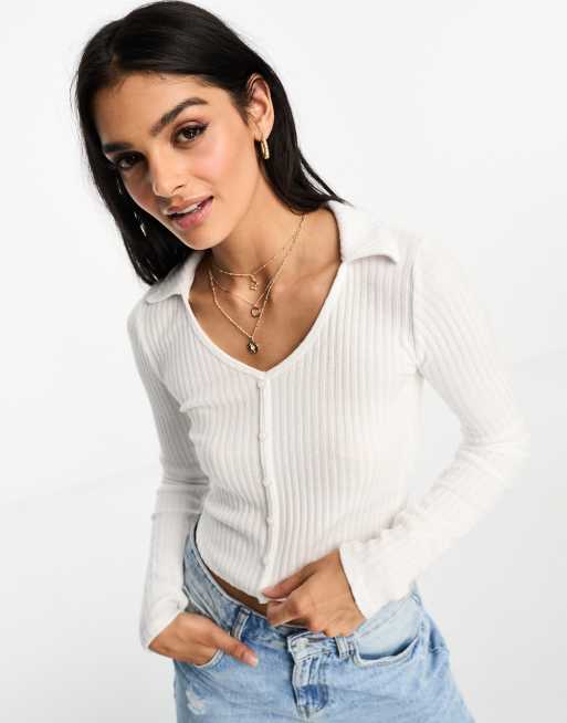 Hollister long sleeve button polo shirt in white