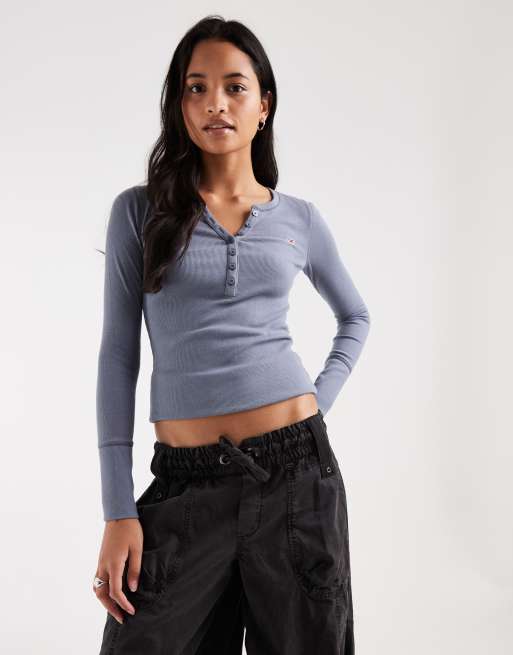Hollister long sleeve button up henley top in blue, 1 of 4