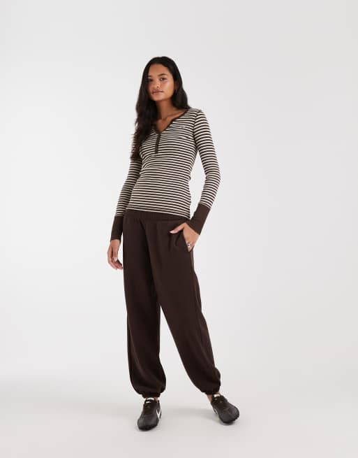 Hollister long sleeve button up henley top in brown and cream stripe, 2 of 4