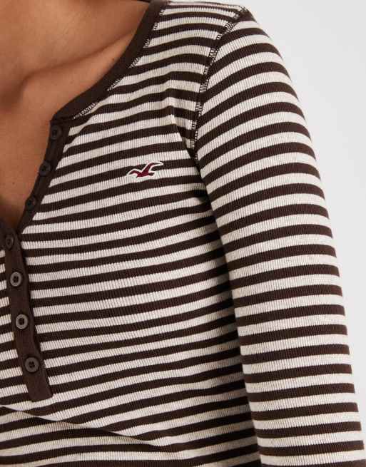 Hollister long sleeve button up henley top in brown and cream stripe, 3 of 4